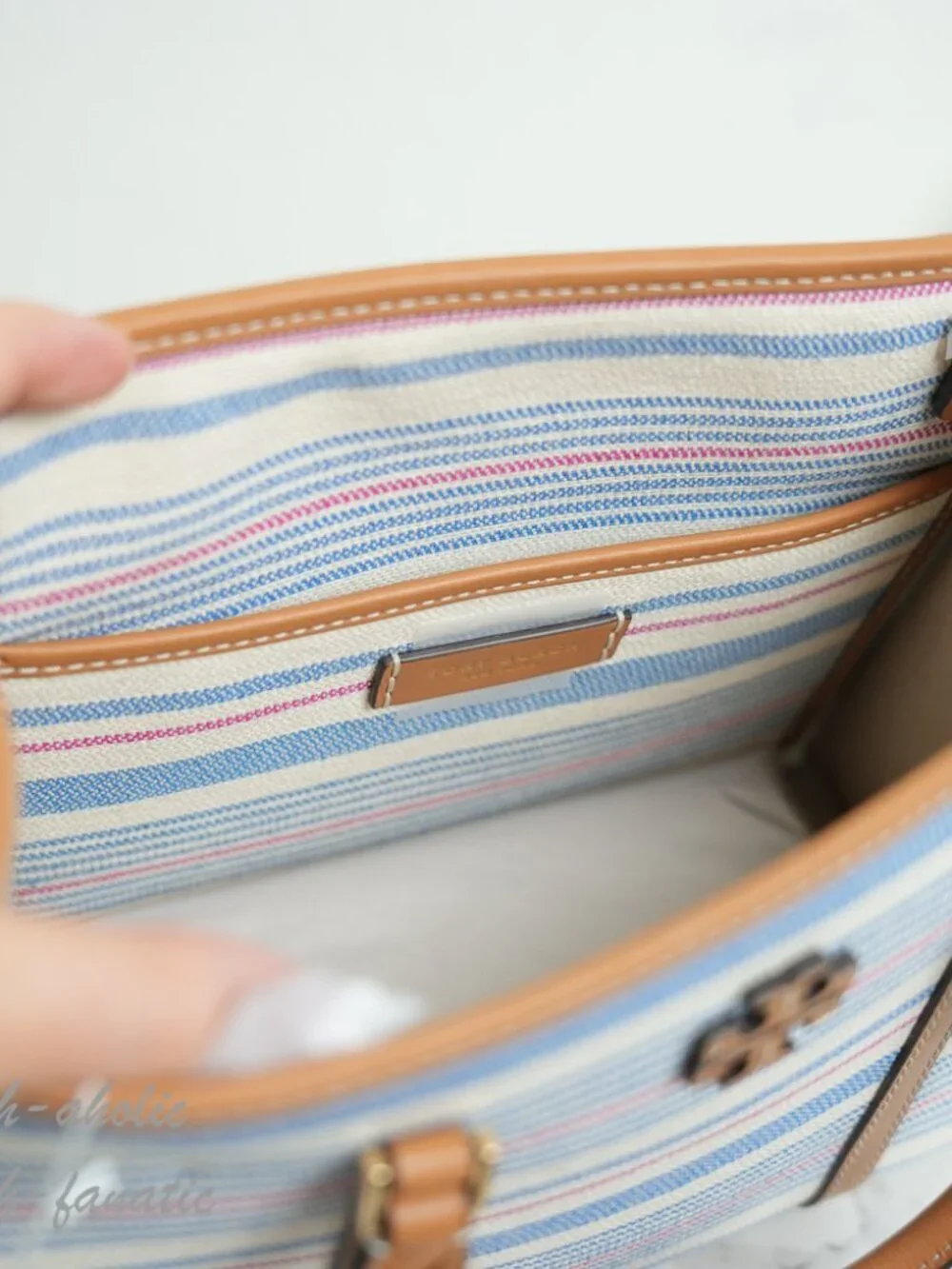 Tory Burch Blake Stripe Canvas Small Tote Crossbody in Multi / Walnut NWT